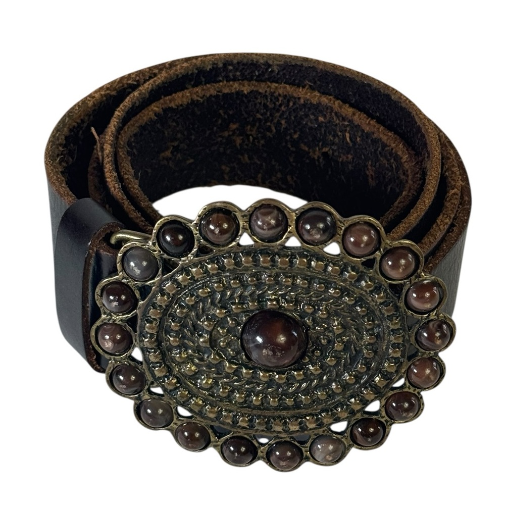 Vintage Brown Leather Belt with‎ Ornate Bronze Stone Buckle